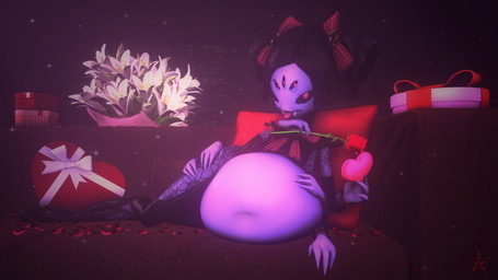 anthro belly big_belly black_hair female flower hair holidays huge_belly obese obese_female overweight overweight_female plant rose_(flower) solo tongue tongue_out pestilad undertale undertale_(series) valentine's_day muffet arachnid arthropod spider 16:9 3d_(artwork) digital_media_(artwork) hi_res widescreen