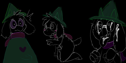 anthro balls blush bodily_fluids bulge clothed clothing cum cum_on_face erection erection_under_clothing eyewear fur genital_fluids genitals glasses hypnosis male mind_control penis scarf solo tapering_penis tongue tongue_out kaittycat deltarune undertale_(series) ralsei bovid caprine darkner goat mammal 2018 absurd_res hi_res