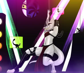 advertisement alternative_fashion ambiguous_gender anthro arm_warmers armwear billboard black_hair blue_eyes book bottomwear bracelet building chandelier city clothing collar cyberpunk dancing detailed_background digitigrade eyeliner eyeshadow feminine feral gills glowing glowing_eyes green_eyes green_light group hair head_crest heart_symbol intersex jewelry latex latex_arm_warmers latex_armwear latex_clothing latex_garters latex_legwear latex_stockings leather leather_clothing leather_strap leather_topwear leather_vest leg_ring legwear lights lipstick loincloth looking_at_viewer makeup markings night nightsky palm_tree pink_light plant platform pole pole_dancing psychic pupils purple_light red_bottomwear red_clothing red_lipstick red_loincloth red_makeup rental sharp_teeth silhouette silhouetted_body silver_ring sky slit_pupils smile smiling_at_viewer smoke sparkles sparkling_eyes spiked_armwear spiked_collar spikes spines sport star starry_sky stockings straps strip_club stripper stripper_pole tail tattoo technology teeth topwear tree unusual_hair vest white_body white_hair window davespaceman votz_mairlean_(davespaceman) alien dinosaur dromaeosaurid prehistoric_species reptile saurischian scalie theropod vinesian absurd_res hi_res nonbinary_(lore) trans_(lore)