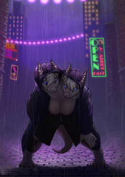 2_heads anthro bent_over biped blue_eyes blush breasts building city cityscape cleavage clothed clothing coat conjoined digitigrade glowing glowing_eyes gold_scales horn leaning leaning_forward looking_at_viewer male multi_head neon neon_sign night outside raincoat raining sign skyscraper solo spread_legs spreading standing street string_lights topwear wet geno28 european_mythology greek_mythology mythology cherry_poppins_(geno28) dragon hydra mythological_creature mythological_scalie reptile scalie absurd_res digital_media_(artwork) full-length_portrait hi_res portrait purple_theme watermark