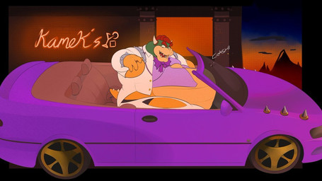 anthro belly belly_expansion big_belly bracelet car clothing expansion hair horn huge_belly inside_car inside_vehicle jewelry male obese obese_anthro obese_male onomatopoeia open_mouth overweight overweight_anthro overweight_male red_hair solo sound_effects spiked_bracelet spikes suit text torn_clothing vehicle weight_gain white_clothing white_suit bearwithabroom mario_bros nintendo bowser dragon_koopa koopa scalie