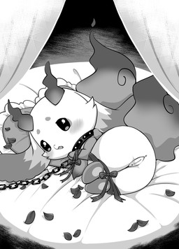 anthro anus arms_tied blush bound butt chain collar female genitals ineffective_censorship legs_tied long_ears lying on_side open_mouth petals pillow solo vulva kajiura nijisanji vtuber lunlun_(nijisanji) unknown_species absurd_res censored hi_res monochrome