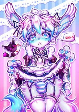 alternative_fashion anime_nosebleed anthro black_body black_fur blood blue_eyes blush bodily_fluids bottomwear bow_ribbon bow_tie bulge clothed clothing clothing_lift detailed_bulge duo eyebrows femboy fluffy fluffy_tail fur garter_belt garter_straps goth gothic_lolita hair heart_symbol j-fashion legwear lolita_(fashion) maid_headdress maid_uniform male multicolored_outline nails nosebleed outer_highlight outline panties pattern_background pattern_bottomwear pattern_clothing pattern_panties pattern_underwear presenting purple_outline ribbons simple_background skirt skirt_lift solo_focus stockings striped_background striped_bottomwear striped_clothing striped_panties striped_underwear stripes sweat tail underwear uniform white_body white_fur white_hair white_outline peacherry mammal unknown_species digital_media_(artwork) hi_res pastel_theme portrait restricted_palette three-quarter_portrait
