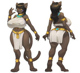 accessory anklet anthro armband big_breasts bracelet breasts brown_body brown_fur brown_hair clothed clothed_anthro clothed_female clothing egyptian egyptian_clothing female front_view fur hair huge_breasts inner_ear_fluff jewelry kemono markings monotone_background multiple_angles navel rear_view simple_background solo tattoo thick_thighs tuft usekh white_background wide_hips pata fertdyan_(zekeofgods) deity domestic_cat felid feline felis mammal absurd_res hi_res model_sheet