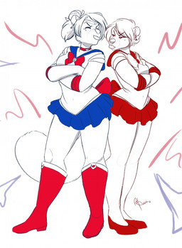 anthro bodily_fluids breasts clothed clothing cosplay duo eyes_closed female pigtails standing tears tongue tongue_out redpixie blizzard_entertainment sailor_moon_(series) warcraft horsie red_(redpixie) bear mammal pandaren red_pandaren hi_res sketch