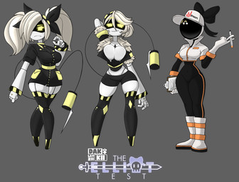 4_fingers 5_fingers accessory big_breasts boots bow_ribbon breasts cancelled_comic clothed clothing female fingers footwear group hair hazard_stripes headgear headwear machine medium_breasts not_furry one_eye_obstructed ribbons screen_eyes shoes short_hair suit syringe tail text trio twintails_(hairstyle) white_body yellow_eyes dakkii glitch_productions murder_drones j_(murder_drones) tessa_(murder_drones) v_(murder_drones) android disassembly_drone human humanoid mammal robot robot_humanoid tailed_humanoid hi_res