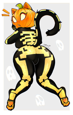anthro big_butt black_body black_fur blush breasts butt feet female for_a_head fur hindpaw holidays looking_at_viewer lying markings motion_lines paws rear_view skeleton_(marking) solo squish surprised tail text evebevie epic_games fortnite halloween spice_(fortnite) domestic_cat felid feline felis ghost humanoid mammal object_head spirit 2025 absurd_res digital_media_(artwork) english_text hi_res signature