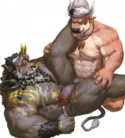 abs after_orgasm anthro anthro_on_anthro anthro_penetrated anthro_penetrating anthro_penetrating_anthro balls barazoku beard blue_eyes bodily_fluids closed_smile cum cum_on_face cum_on_own_face cum_on_self duo facial_hair facial_piercing flaccid genital_fluids genitals grey_balls grey_body grey_penis hair heterochromia horn lying male male/male male_penetrated male_penetrating male_penetrating_male mouth_closed muscular muscular_anthro muscular_male narrowed_eyes navel nipples nose_piercing nose_ring nude on_back orange_body pecs penetration penis piercing red_eyes ring_piercing septum_piercing septum_ring sex simple_background smile tan_body white_background white_hair white_horn dust_yang bovid bovine cattle mammal hi_res