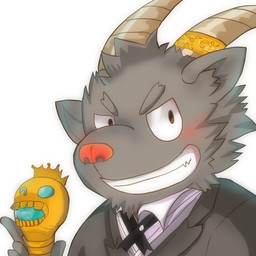 black_body black_fur blush chibi clothing fur horn male scepter solo suit miake021 lifewonders tokyo_afterschool_summoners salomonkun bovid caprine goat mammal 1:1