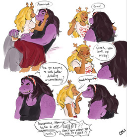 anthro black_clothing black_shirt black_topwear blonde_hair brown_body brown_fur clothing duo female fur hair horn long_hair purple_body purple_skin shirt simple_background speech_bubble text topwear white_background white_clothing white_shirt white_topwear colicolicolicoli deltarune undertale_(series) noelle_holiday susie_(deltarune) deer mammal new_world_deer reindeer 2025 english_text hi_res