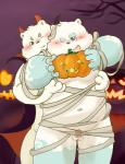 anthro blue_body blue_fur blush duo food fruit fur genitals holidays jack-o'-lantern male moobs navel one_eye_closed penis plant pumpkin slightly_chubby white_body white_fur wink awa_awa halloween bear mammal 2019 hi_res