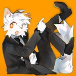 :d anthro black_boots black_clothing black_footwear black_necktie boots businesswear clock clothing fluffy fluffy_ears fluffy_tail footwear fur hair lying male necktie on_back open_mouth orange_background orange_eyes raised_leg shoes side_view simple_background smile solo star_eyes suit tail watch white_body white_fur white_hair white_tail lunarktika cato_(lunarktika) canid canine mammal 1:1 2024