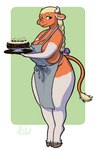 anthro apron apron_only big_breasts blue_eyes braided_hair breasts cake clothed clothing curvy_figure dessert eyebrows eyelashes female food hair horn huge_breasts long_hair looking_at_viewer mostly_nude simple_background smile solo standing thick_thighs topwear wide_hips haibet fan_character maita_(character) bovid bovine cattle mammal 2022 digital_media_(artwork) hi_res