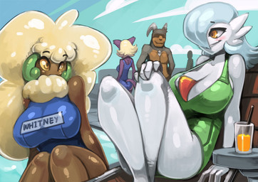 anthro anthrofied big_breasts blush breasts cleavage clothed clothing cloud curvy_figure detailed_background female glistening glistening_body glistening_skin group hair not_furry_focus one-piece_swimsuit orange_eyes outside pokemorph poolside school_swimsuit sky smile swimming_pool swimwear tail voluptuous water wide_hips yellow_eyes bittenhard nintendo pokemon whitney_the_whimsicott eeveelution espeon gardevoir generation_2_pokemon generation_3_pokemon generation_5_pokemon houndoom mammal pokemon_(species) shiny_pokemon whimsicott 2012