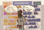 anthro clothing dialogue fluffy fluffy_tail hoodie humor scarf shampoo shampoo_bottle shopping solo tail text topwear wereshiba sunny_(wereshiba) canid canine canis domestic_dog mammal shiba_inu spitz english_text nonbinary_(lore)