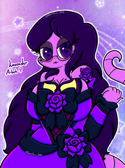 anthro big_breasts breasts clothing eyewear female flower glasses hair plant purple_body purple_clothing purple_eyes purple_hair solo tail tattoo lewdchuu nintendo pokemon lavender_(lewdchuu) arbok generation_1_pokemon pokemon_(species) hi_res