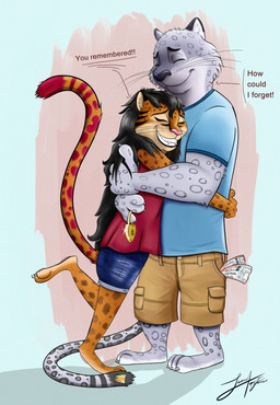 anthro barefoot bottomwear clothing colored_fur dialogue duo feet female fur fur_markings grin happy hug leopard_spots male markings shirt shorts simple_background smile spots standing t-shirt teeth text ticket topwear juantriforce andy_(nekomimiranger) cass_(nekomimiranger) felid feline leopardus mammal ocelot pantherine snow_leopard absurd_res digital_media_(artwork) english_text hi_res shaded signature