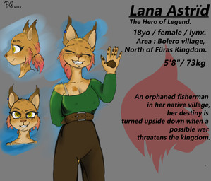 anthro birthmark blue_ear_ring description fantasy female hair markings originalcharacters pink_hair ponytail smile text yellow_eyes bunnycool felid feline lynx mammal english_text hi_res reference_image shaded