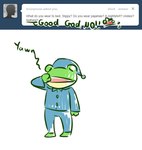 anthro ask_blog blue_clothing blue_pajamas blue_topwear bodily_fluids clothing embarrassed hat headgear headwear male nightcap open_mouth pajamas solo sweat text tired topwear yawn slippy_o'donnell nintendo star_fox tumblr slippy_toad amphibian frog english_text