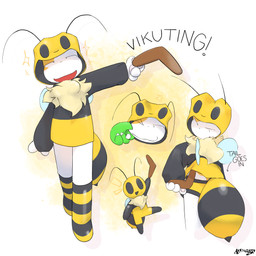 anthro bee_costume boomerang bottomwear clothing costume footwear hand_on_cheek knee_highs knee_socks legwear male simple_background socks text underwear white_background buwayani_(artist) bug_fables moonsprout_games mekuting_(buwayani) vi_(bug_fables) arthropod bee felid feline hymenopteran insect mammal 1:1 absurd_res artist_name digital_media_(artwork) english_text hi_res