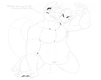 abdominal_bulge anthro bodily_fluids duo genital_fluids genitals male male/male membrane_(anatomy) nude open_mouth oral_vore penis precum rumbling_stomach saliva taunting text vore moondogg bluep druidbluep huttser-coyote_(character) mammal mustelid otter english_text hi_res monochrome