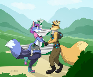 anthro black_nose blue_body blue_fur clothing duo eyewear eyewear_on_head female flask footwear fur gloves goggles grass hair hand_holding handwear male male/female pink_nose plant purple_hair raised_leg romantic romantic_couple sand shoes sky smile smiling_at_another smiling_at_each_other sunglasses sunglasses_on_head yellow_body yellow_fur nortfox hi-rez_studios paladins_(game) pepper_(paladins) pip_(paladins) canid canine fox mammal 2024 hi_res