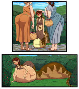 after_vore apode belly big_belly big_butt brown_hair butt female female_pred female_prey group hair legless outside overweight same_size_vore serpentine split_form trio vore a0iisa draconcopode human lamia mammal reptile scalie snake 2025 absurd_res comic hi_res