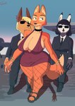 anthro belly belly_overhang big_belly big_breasts big_tail breasts clothed clothing dress eyewear female huge_breasts overweight overweight_anthro overweight_female red_clothing red_dress suit suit_and_tie sunglasses sunset tail thick_thighs wide_hips toonarscontent dreamworks the_bad_guys diane_foxington bat canid canine canis fox jackal mammal absurd_res hi_res