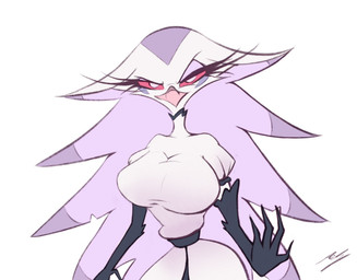 4_fingers annoyed anthro beak big_breasts breasts clothing dress feather_hair feathers female fingers gloves hair half-closed_eyes handwear long_hair narrowed_eyes pseudo_hair red_eyes simple_background solo white_body adam_clowery hellaverse helluva_boss stella_(helluva_boss) avian bird demon owl owl_demon 2026 hi_res watermark