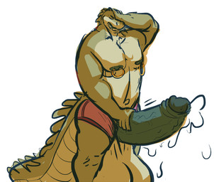 anthro balls big_balls big_penis big_tail bodily_fluids clothing eyes_closed foreskin genital_fluids genitals hand_on_forehead hand_on_penis huge_balls huge_penis hyper hyper_balls hyper_genitalia hyper_penis leaking_precum male moobs navel nipple_piercing nipple_ring nipples non-mammal_balls non-mammal_nipples open_mouth pecs penis penis_through_underwear piercing precum retracted_foreskin ring_piercing saggy_balls solo standing tail thick_thighs underwear vein veiny_penis joebluefox alligator alligatorid crocodilian reptile scalie