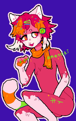 4_fingers accessory ambiguous_gender anthro blue_background femboy fingerless_(marking) fingers fur gloves_(marking) hair hair_accessory hairpin looking_at_viewer markings mostly_nude multicolored_eyes pink_body pink_eyes pink_fur pink_hair scarf scarf_only simple_background solo tongue tongue_out ametoki domestic_cat felid feline felis mammal 2017 aliasing digital_media_(artwork) oekaki