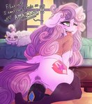 2018 absurd_res aged_up anthro anus bed bedroom being_watched bodily_fluids breasts butt clothing cutie_mark dialogue digital_media_(artwork) dildo dildo_sitting dimwitdog domestic_cat duo english_text equid equine felid feline felis female friendship_is_magic fur furniture genital_fluids genitals green_eyes hair half-closed_eyes hasbro hi_res horn inside legwear long_hair looking_at_another looking_pleasured mammal masturbation motion_lines multicolored_hair my_little_pony mythological_creature mythological_equine mythology narrowed_eyes nipples opalescence_(mlp) penetration presenting presenting_anus presenting_pussy profanity pussy sex_toy signature sweetie_belle_(mlp) text tongue tongue_out toying_self two_tone_hair unicorn vaginal vaginal_fluids vaginal_masturbation vaginal_penetration white_body white_fur window