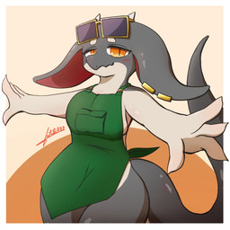 4_fingers anthro apron apron_only big_breasts blush blush_lines breasts circle_eyebrows claws closed_smile clothing curved_tail ear_piercing ear_ring eyebrows eyewear eyewear_on_head female finger_claws fingers floppy_ears green_apron green_clothing grey_body hairless horn kemono looking_at_viewer mouth_closed non-mammal_breasts orange_eyes piercing pupils ring_piercing side_boob simple_background slit_pupils smile smiling_at_viewer snout solo spread_arms sunglasses sunglasses_on_head tail tan_body thick_tail thick_thighs three-quarter_view white_eyebrows wide_hipped_anthro wide_hipped_female wide_hips jututa3333 mythology latte_(sme4) dragon mythological_creature mythological_scalie scalie 1:1 2025 absurd_res hi_res portrait signature three-quarter_portrait