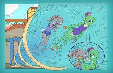 3_toes air_kiss anthro asphyxiation barefoot blue_blush blush breath breathhold bubble clothing cyanosis drowning duo feet female female/female kissing membrane_(anatomy) one-piece_swimsuit paws peril pipe puffed_cheeks puffy spread_toes swimwear toes traveling underwater water webbed_feet webbed_hands dragon-tear shoxxe disney zootopia freggie_(dragon-tear) judy_hopps amphibian european_rabbit frog lagomorph leporid mammal oryctolagus rabbit absurd_res hi_res