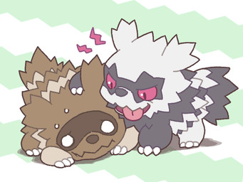black_body black_fur brown_body brown_fur duo feral fur tongue tongue_out white_body white_fur fuwaxfuwa nintendo pokemon canid galarian_form galarian_zigzagoon generation_3_pokemon generation_8_pokemon mammal pokemon_(species) regional_form_(pokemon) zigzagoon 2019 4:3