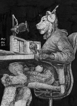 anthro chokehold deep_throat duo electronics fellatio forced forced_oral headlock leg_wrap male male/male microphone oral oral_penetration penetration penile radio sex under_table momamo beagle canid canine canis domestic_dog felid feline hunting_dog lynx mammal scent_hound 2020 monochrome traditional_media_(artwork)