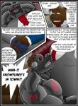 ?! anthro anthro_on_anthro bear clothing comic dialogue dominant dominant_male drone duo english_text felid hi_res latex lion male male/male mammal master_buns mind_control muscular muscular_male pantherine ringed_eyes rubberbuns smile speech_bubble submissive submissive_male text wildfire_(rubberbuns)