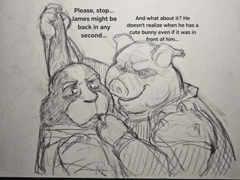 anthro duo ear_pull embarrassed flirting long_ears male male/male mature_male text lentejota nintendo star_fox star_fox_(2026) peppy_hare pigma_dengar domestic_pig hare lagomorph leporid mammal suid suine sus_(pig) 4:3 english_text hi_res traditional_media_(artwork)