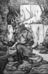 anthro antlers backpack biped cloven_hooves compass fur hooves horn male mostly_nude nipples plant rock sitting solo tree water waterfall simul deer mammal new_world_deer reindeer cross-hatching greyscale hatching_(art) monochrome shaded signature