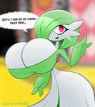 big_breasts breast_implants breasts clothing ellipsis english_text female gardevoir generation_3_pokemon green_body green_hair hair hair_over_eye hi_res huge_breasts humanoid hyperflannel nintendo one_eye_obstructed open_mouth pokemon pokemon_(species) red_eyes solo speech_bubble text topwear white_body