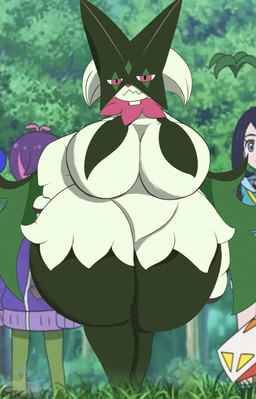 anthro big_breasts biped breast_curtains breasts clothed clothed_female clothed_human clothing female female_anthro female_human fur green_body green_fur group hair huge_breasts huge_hips looking_at_viewer multicolored_body multicolored_fur nude nude_anthro nude_female pink_eyes pupils purple_hair slit_pupils standing wide_hips bloodtail nintendo pokemon dot_(pokemon) liko's_meowscarada liko_(pokemon) generation_9_pokemon human mammal meowscarada pokemon_(species) absurd_res hi_res