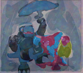anthro blush bow_tie duo female frill_(anatomy) male male/female raining sharp_teeth smile teeth umbrella yogurtpubes bandai_namco digimon commandramon digimon_(species) elizamon scalie absurd_res hi_res