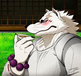 anthro black_nose blush clothed clothing facial_markings fangs fur grass grey_clothing grey_topwear head_markings kariginu male markings mouth_closed narrowed_eyes plant solo teeth topwear whiskers white_body white_fur yellow_eyes crazydrak gintaro canid canine mammal 2019 dated signature