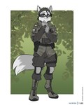 ambiguous_gender anthro black_hair black_markings black_nose cheek_tuft clothed clothing dipstick_tail facial_tuft fully_clothed fur grey_body grey_fur grey_kerchief hair kerchief markings military military_uniform short_hair simple_background solo standing tail tail_markings tuft uniform white_body white_fur white_markings foxboy83 canid mammal colored digital_media_(artwork) flat_colors full-length_portrait hi_res portrait female_(lore)