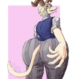 big_butt blue_eyes butt clothing fur male school_uniform solo uniform white_body white_fur likenbdy beastars pina_(beastars) bovid caprine dall_sheep mammal sheep 1:1 hi_res