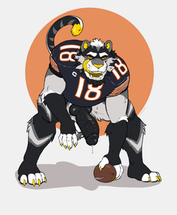 4_toes anthro ball ball_tuft balls big_balls big_penis black_body black_fur black_glans black_penis bodily_fluids bottomless bottomless_anthro bottomless_male clothed clothing crouching erection feet fur genital_fluids genitals glans grey_body grey_fur gridiron_ball humanoid_genitalia humanoid_penis hybrid_genitalia hybrid_penis jersey knot knotted_humanoid_penis knotted_penis licking licking_lips male male_anthro muscular muscular_anthro muscular_male penis precum precum_string shirt smile solo sweat tail teeth toes tongue tongue_out topwear tuft vein veiny_penis whisker_spots white_body white_fur yellow_body yellow_eyes yellow_fur labradorszn chicago_bears nfl felid mammal pantherine tiger 2025 hi_res