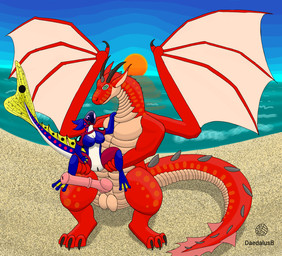 balls beach breasts duo feet female flared_penis genitals horn imminent_sex kazebi knot looking_at_another machine male male/female membrane_(anatomy) penis size_difference spiked_tail spikes spikes_(anatomy) spots sunset tail toes webbed_feet webbed_hands wings daedalusb mythology reina_(daedalusb) dragon mythological_creature mythological_scalie protogen scalie hi_res