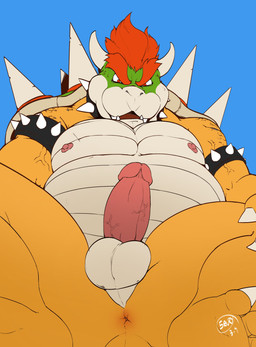 2_horns anthro anus areola armband balls black_armband black_collar blue_background bodily_fluids claws collar erection eyebrows fangs feet finger_claws fingers genitals glans green_shell hair horn humanoid_genitalia humanoid_penis looking_at_viewer male male_anthro multicolored_body multicolored_scales multicolored_shell musclegut muscular muscular_anthro muscular_male nipples nude nude_anthro nude_male open_mouth orange_body orange_scales orange_tail penis pink_areola pink_glans pink_nipples pink_penis pupils red_body red_eyebrows red_hair red_scales red_shell scales shell simple_background slit_pupils solo spiked_armband spiked_collar spiked_shell spikes spikes_(anatomy) spread_legs spreading sweat tail tan_balls tan_body tan_scales teeth text toe_claws toes tongue two_tone_shell vein veiny_muscles veiny_penis saury_(artist) mario_bros nintendo bowser koopa scalie 2021 absurd_res artist_name dated digital_media_(artwork) hi_res