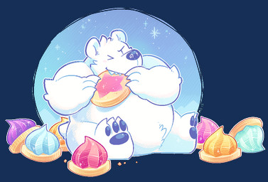 anthro belly biped black_nose eating food fur iced_gems one_eye_closed overweight sitting solo white_body white_fur greenendorf bear mammal polar_bear ursine 2015