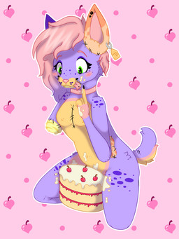 anthro between_legs cake cherry collar covered_in_icing dessert ear_piercing ear_tag eyelashes female fluffy fluffy_tail food food_fetish food_play freckled_face freckled_shoulders freckles fruit fur green_eyes hair icing long_eyelashes long_hair markings missing_arm orange_body orange_fur piercing pink_body pink_collar pink_fur pink_hair plant purple_body purple_fur purple_hair short_tail slim slim_anthro slim_female small_waist smile solo spots spotted_legs spotted_markings spotted_thighs squish stitch_(sewing) striped_markings stripes submissive tail thigh_squish tongue_out_piercing toppings yellow_body yellow_fur sammywhich domestic_cat felid feline felis mammal